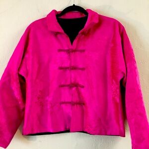 Vintage Asian Quilted Short Jacket Medium Pink Black Floral Artsy Colorful Boho